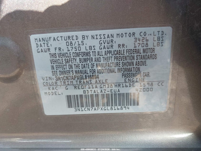 2016 Nissan Versa 1.6 S+ VIN: 3N1CN7APXGL816894 Lot: 45668633