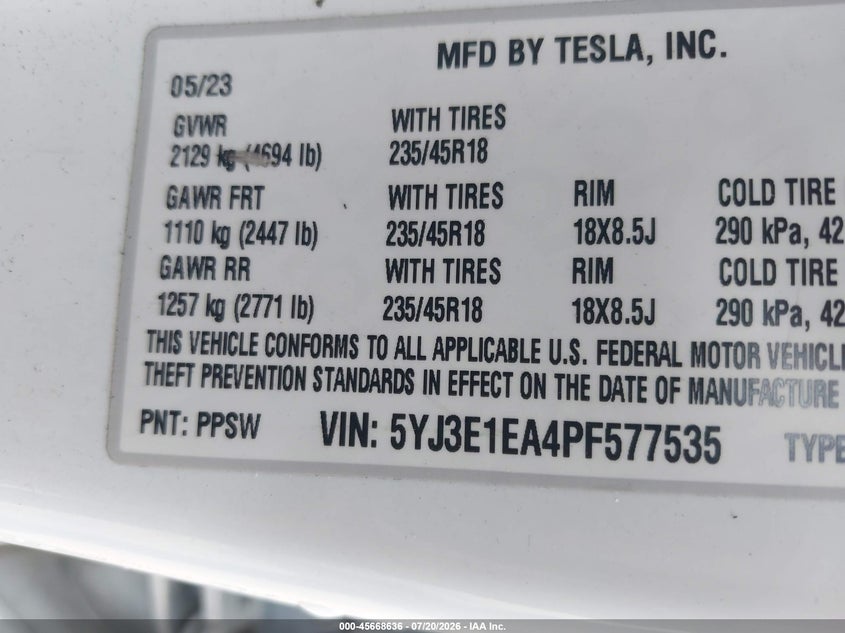 2023 Tesla Model 3 Rear-Wheel Drive VIN: 5YJ3E1EA4PF577535 Lot: 45668636
