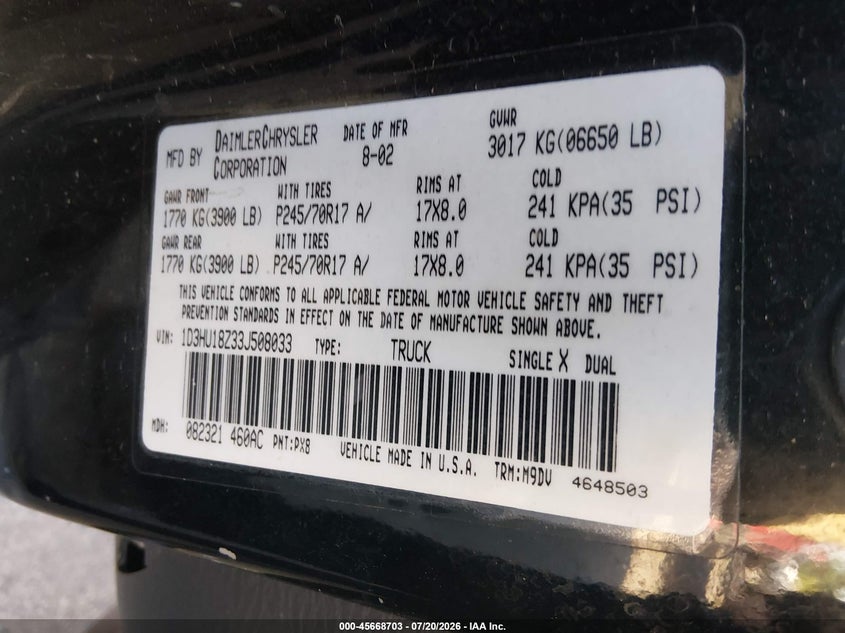 2003 Dodge Ram 1500 Slt/Laramie/St VIN: 1D3HU18Z33J508033 Lot: 45668703
