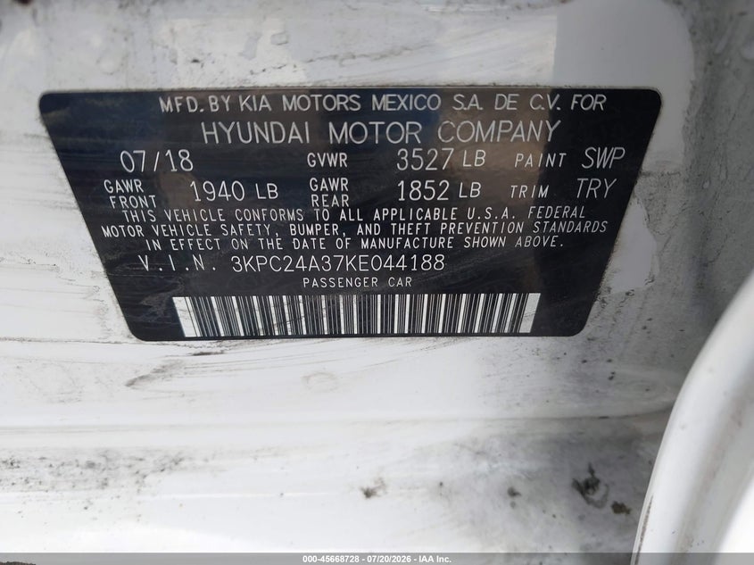 2019 Hyundai Accent Se VIN: 3KPC24A37KE044188 Lot: 45668728