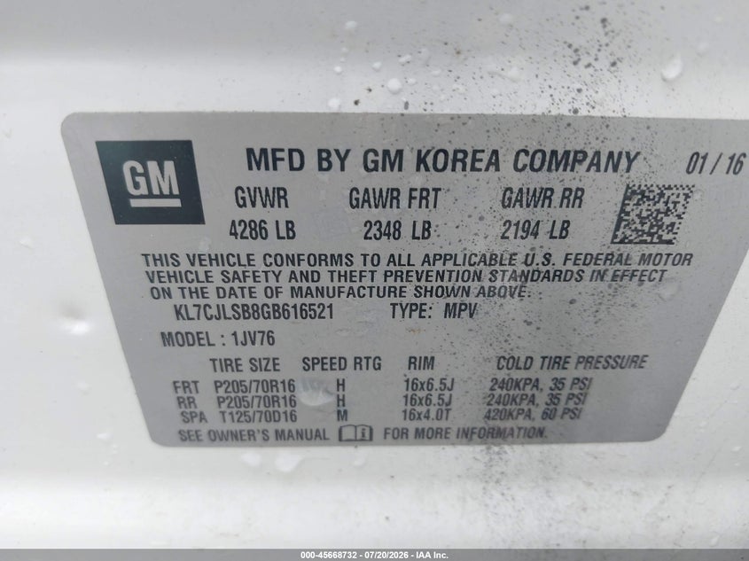2016 Chevrolet Trax Lt VIN: KL7CJLSB8GB616521 Lot: 45668732