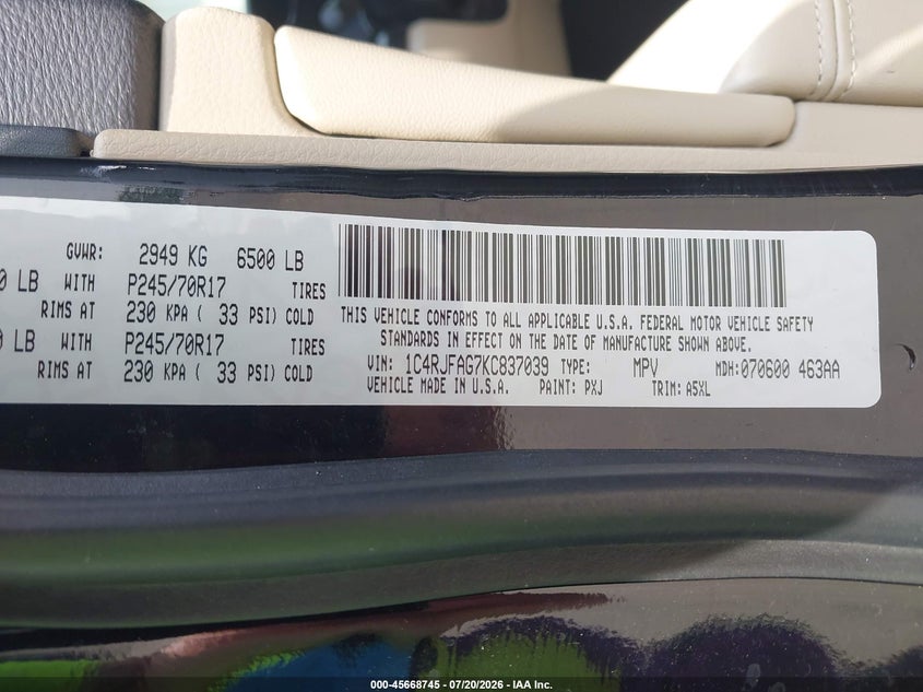 JEEP GRAND CHEROKEE 2019 VIN 1C4RJFAG7KC837039
