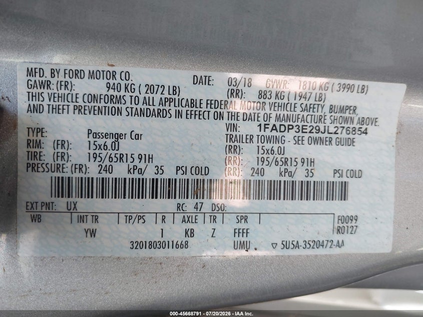 2018 Ford Focus S VIN: 1FADP3E29JL276854 Lot: 45668791