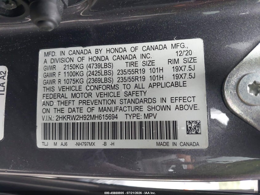 2021 Honda Cr-V Awd Touring VIN: 2HKRW2H92MH615694 Lot: 45668805