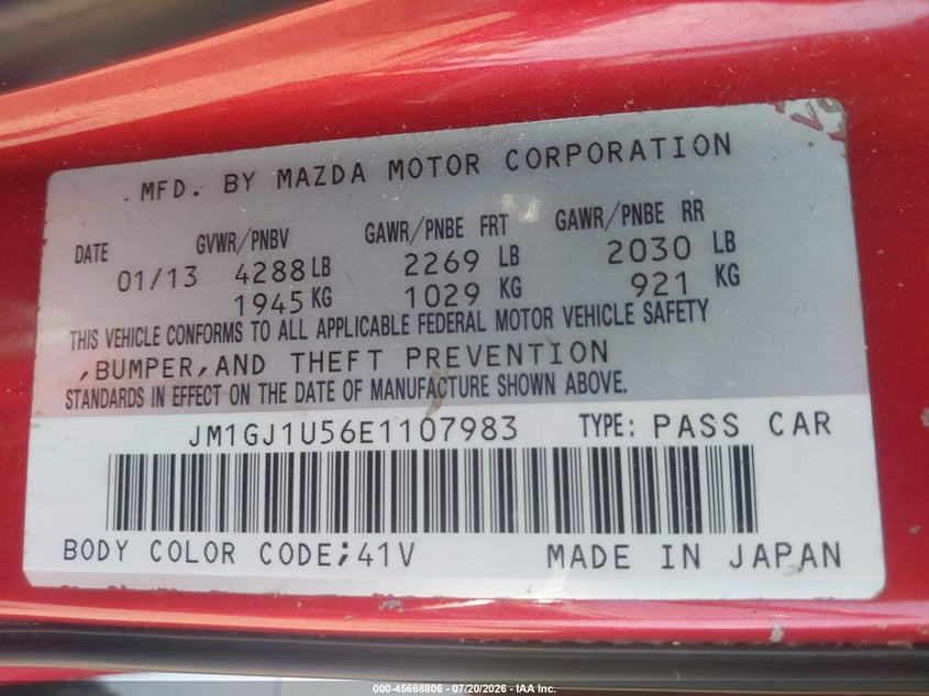 2014 Mazda Mazda6 I Sport VIN: JM1GJ1U56E1107983 Lot: 45668806