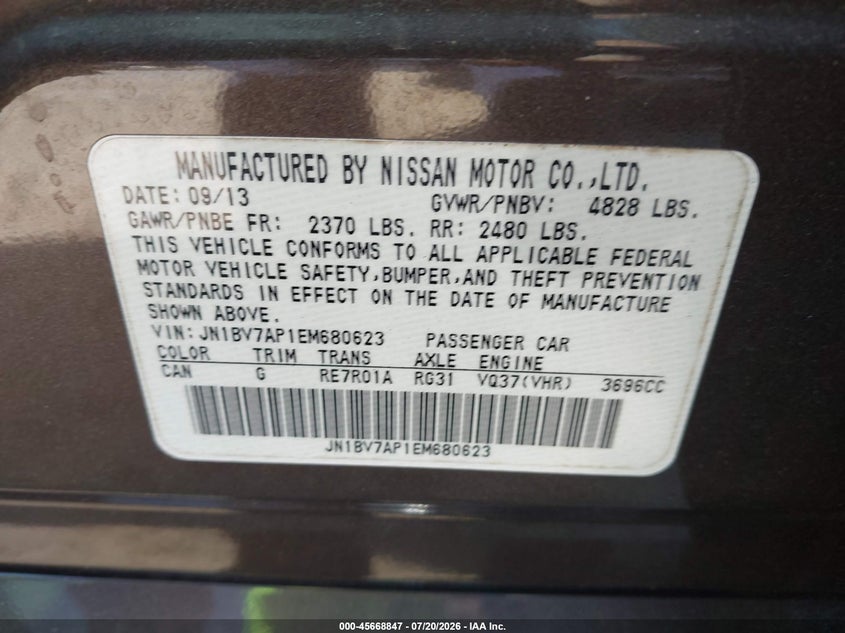 2014 Infiniti Q50 Premium VIN: JN1BV7AP1EM680623 Lot: 45668847