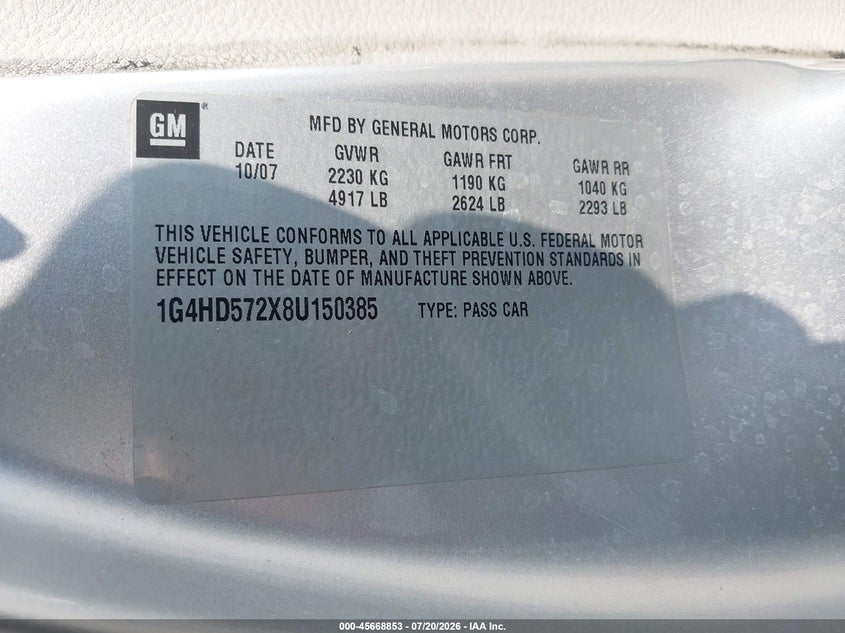 2008 Buick Lucerne Cxl VIN: 1G4HD572X8U150385 Lot: 45668853