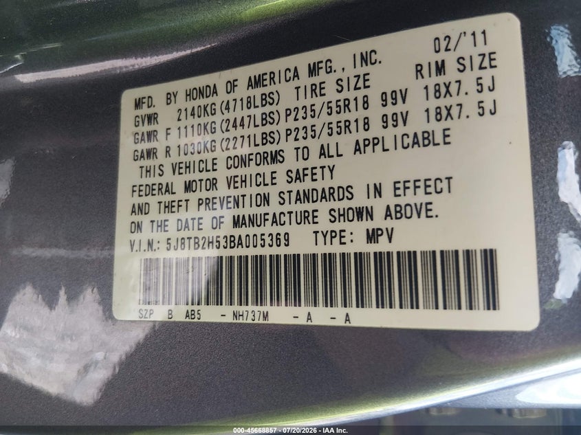 2011 Acura Rdx VIN: 5J8TB2H53BA005369 Lot: 45668857