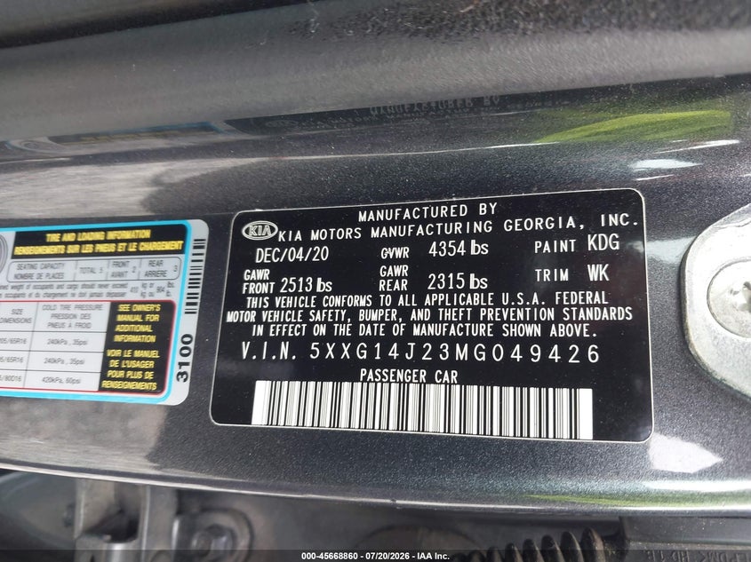 2021 Kia K5 Lxs VIN: 5XXG14J23MG049426 Lot: 45668860