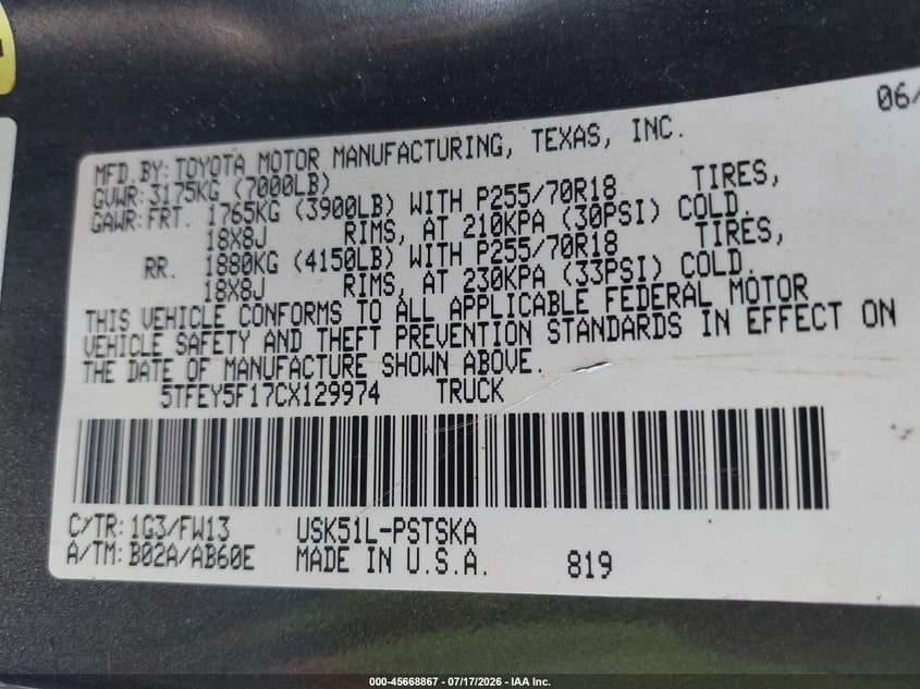 2012 Toyota Tundra Grade 5.7L V8 VIN: 5TFEY5F17CX129974 Lot: 45668867