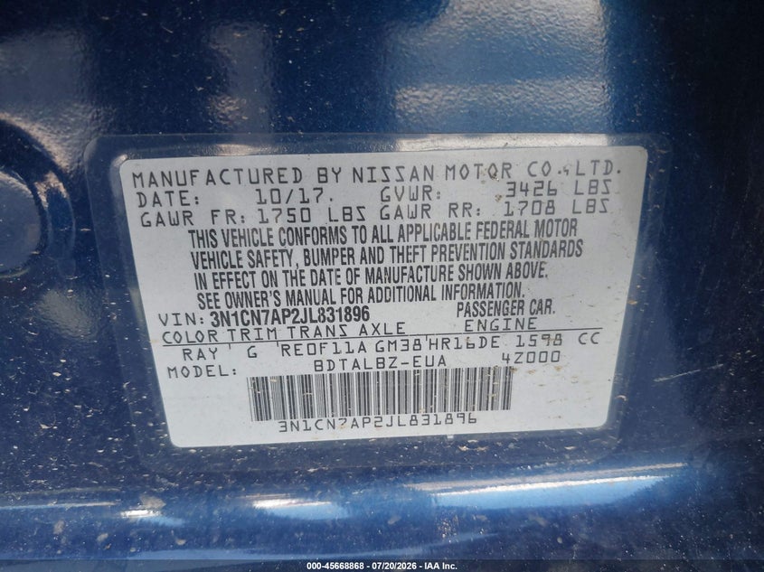 2018 Nissan Versa 1.6 Sv VIN: 3N1CN7AP2JL831896 Lot: 45668868