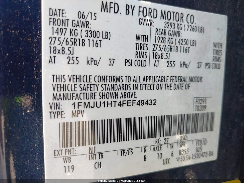 2015 Ford Expedition Xlt VIN: 1FMJU1HT4FEF49432 Lot: 45668880