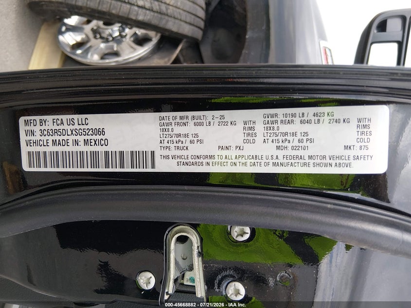2025 Ram 2500 Big Horn 4X4 6'4 Box VIN: 3C63R5DLXSG523066 Lot: 45668882