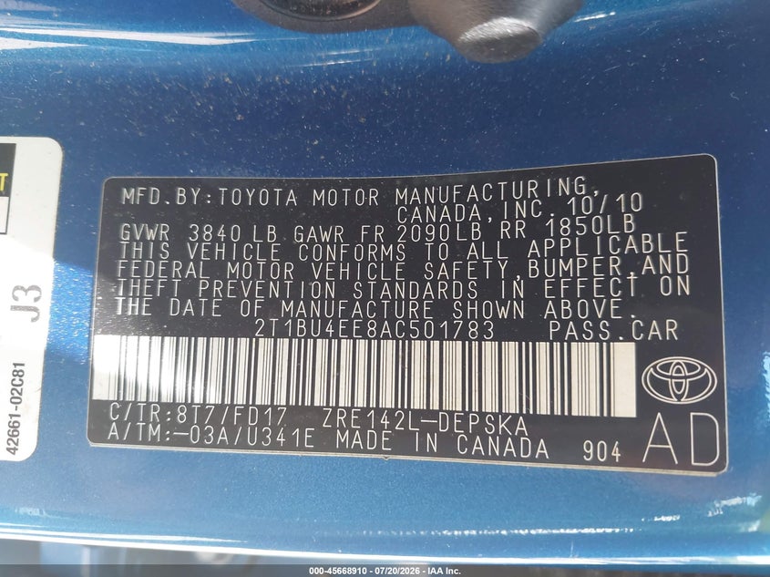 2010 Toyota Corolla S VIN: 2T1BU4EE8AC501783 Lot: 45668910