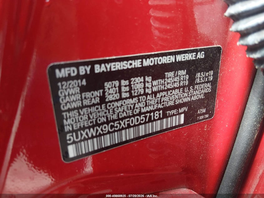 2015 BMW X3 xDrive28I VIN: 5UXWX9C5XF0D57181 Lot: 45668925