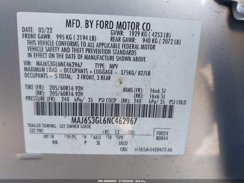 2022 Ford Ecosport Se VIN: MAJ6S3GL6NC462967 Lot: 45668940