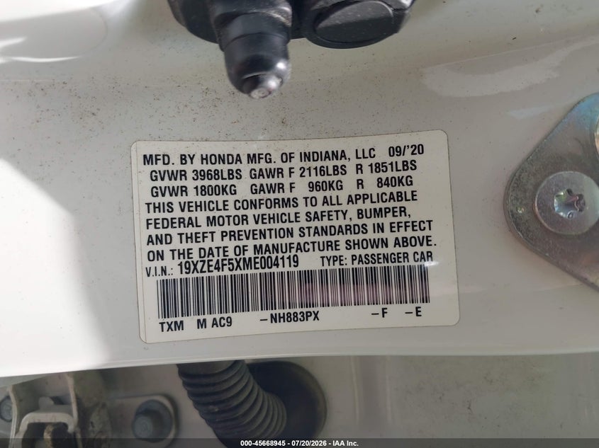 2021 Honda Insight Ex VIN: 19XZE4F5XME004119 Lot: 45668945