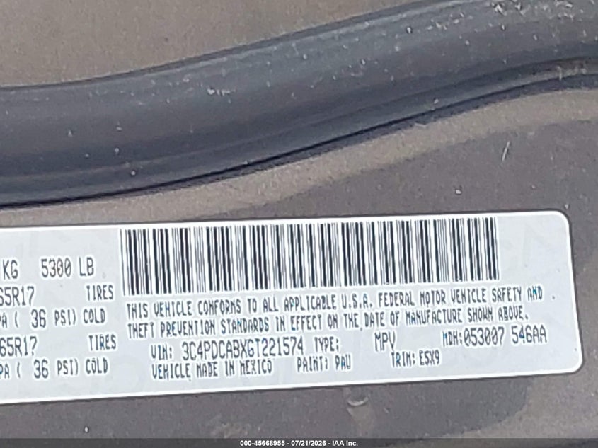 2016 Dodge Journey Se VIN: 3C4PDCABXGT221574 Lot: 45668955