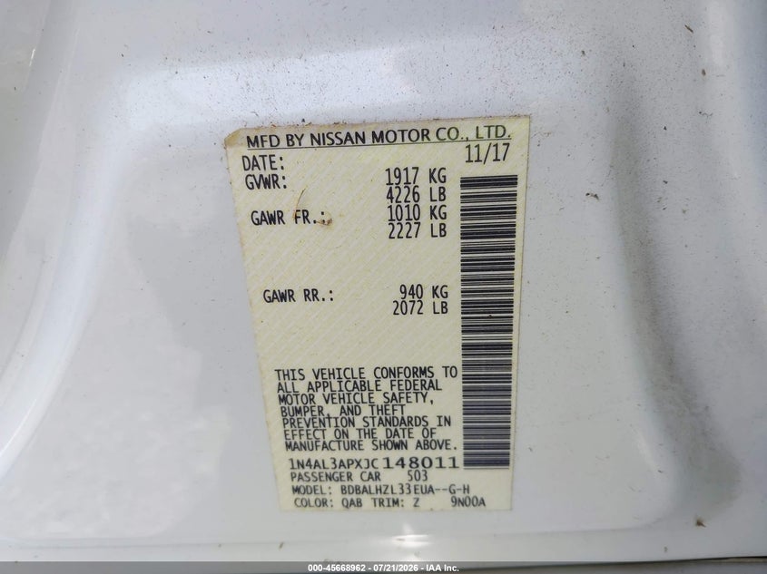 2018 Nissan Altima 2.5 Sr VIN: 1N4AL3APXJC148011 Lot: 45668962
