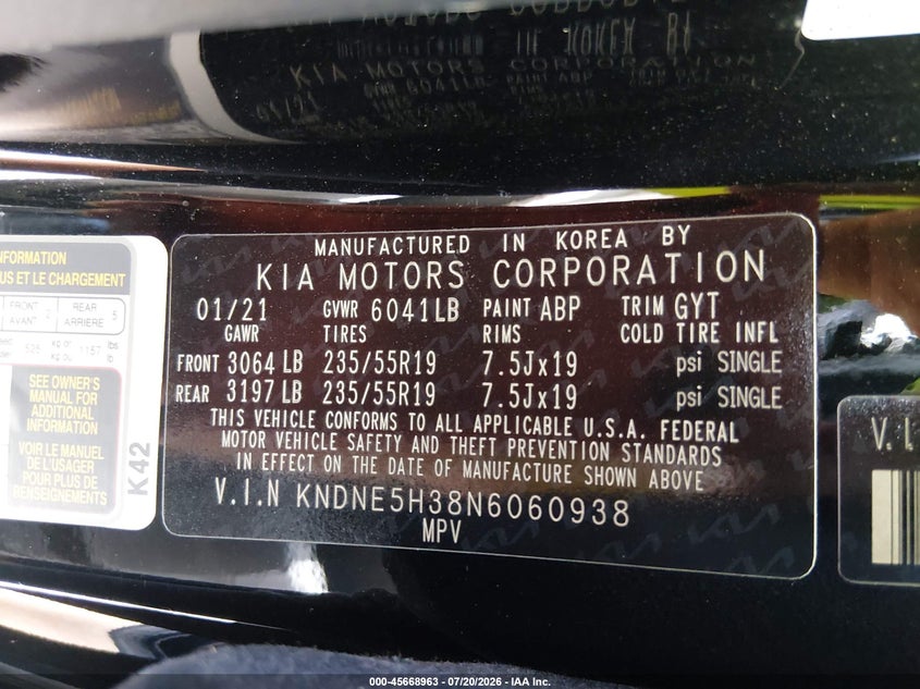 2022 Kia Carnival Mpv Sx Prestige VIN: KNDNE5H38N6060938 Lot: 45668963