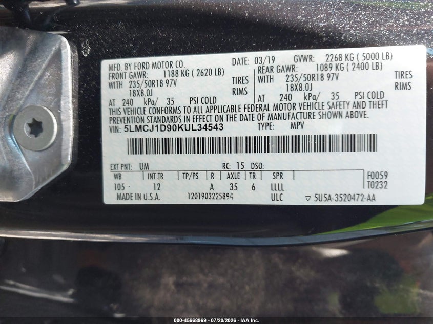 2019 Lincoln Mkc Standard VIN: 5LMCJ1D90KUL34543 Lot: 45668969