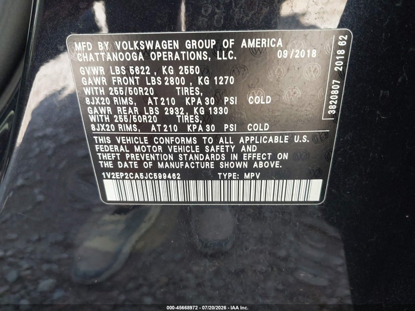 2018 Volkswagen Atlas 2.0T Sel VIN: 1V2EP2CA5JC599462 Lot: 45668972