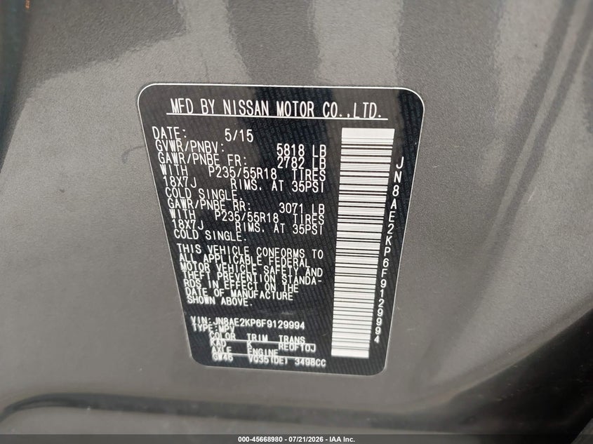 2015 Nissan Quest Sl VIN: JN8AE2KP6F9129994 Lot: 45668980