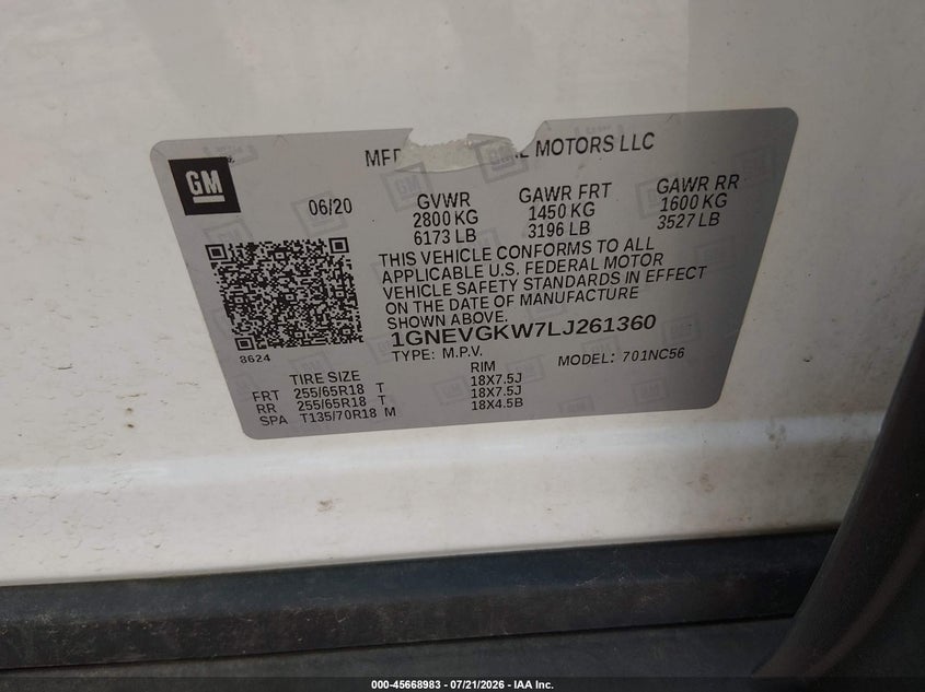 2020 Chevrolet Traverse Awd Lt Cloth VIN: 1GNEVGKW7LJ261360 Lot: 45668983
