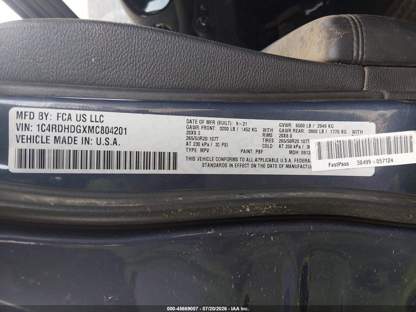 2021 Dodge Durango Gt Plus Rwd VIN: 1C4RDHDGXMC804201 Lot: 45669007