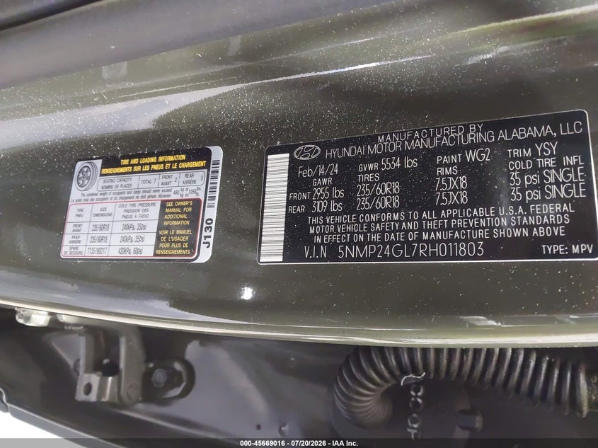 2024 Hyundai Santa Fe Sel VIN: 5NMP24GL7RH011803 Lot: 45669016