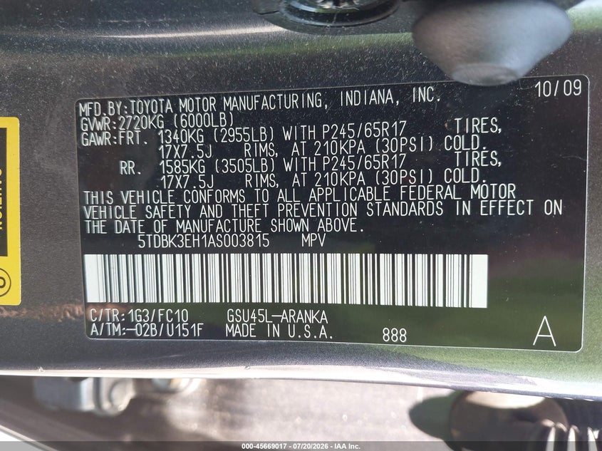 2010 Toyota Highlander Base V6 VIN: 5TDBK3EH1AS003815 Lot: 45669017