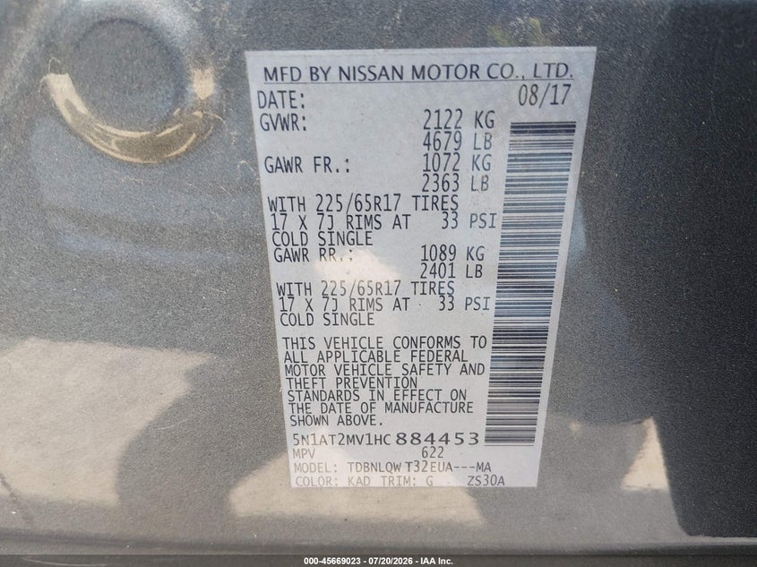 2017 Nissan Rogue Sv VIN: 5N1AT2MV1HC884453 Lot: 45669023