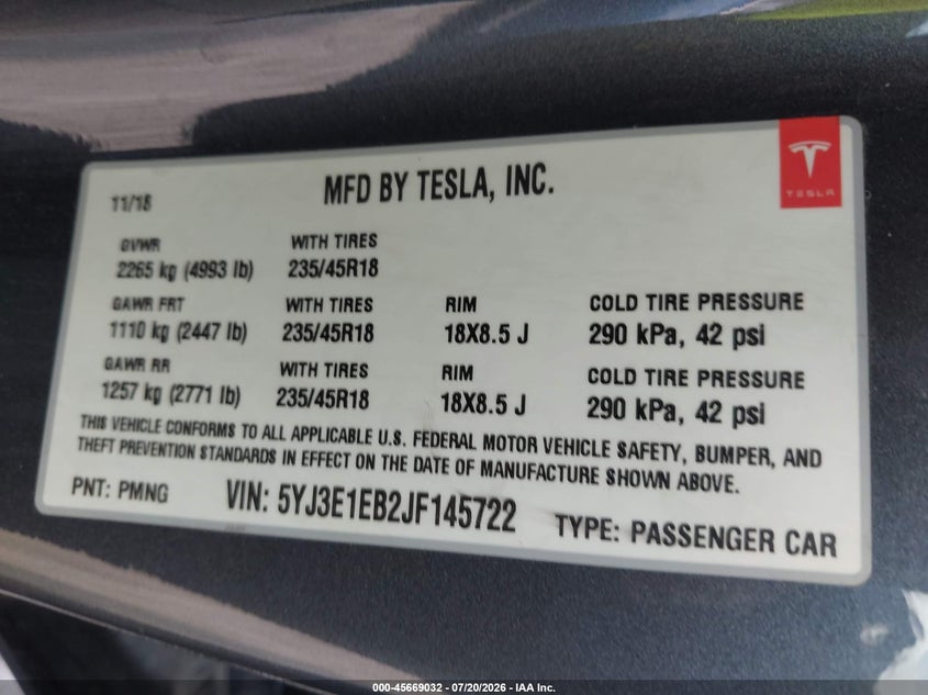 2018 Tesla Model 3 Long Range/Performance VIN: 5YJ3E1EB2JF145722 Lot: 45669032