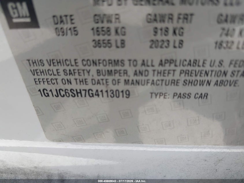 2016 Chevrolet Sonic Lt Auto VIN: 1G1JC6SH7G4113019 Lot: 45669043