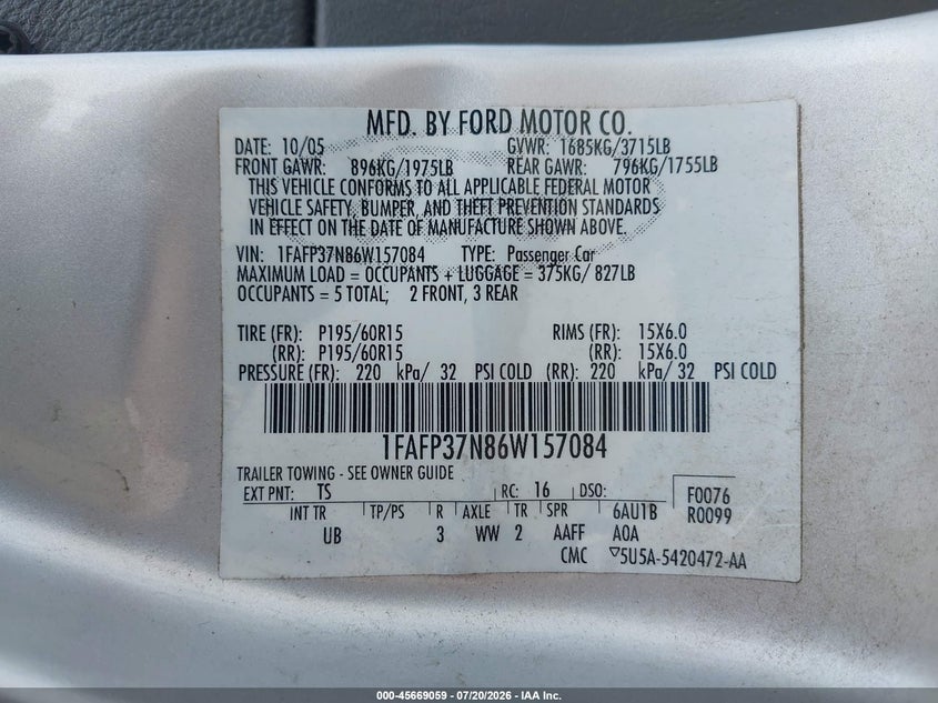 2006 Ford Focus Zx5 VIN: 1FAFP37N86W157084 Lot: 45669059