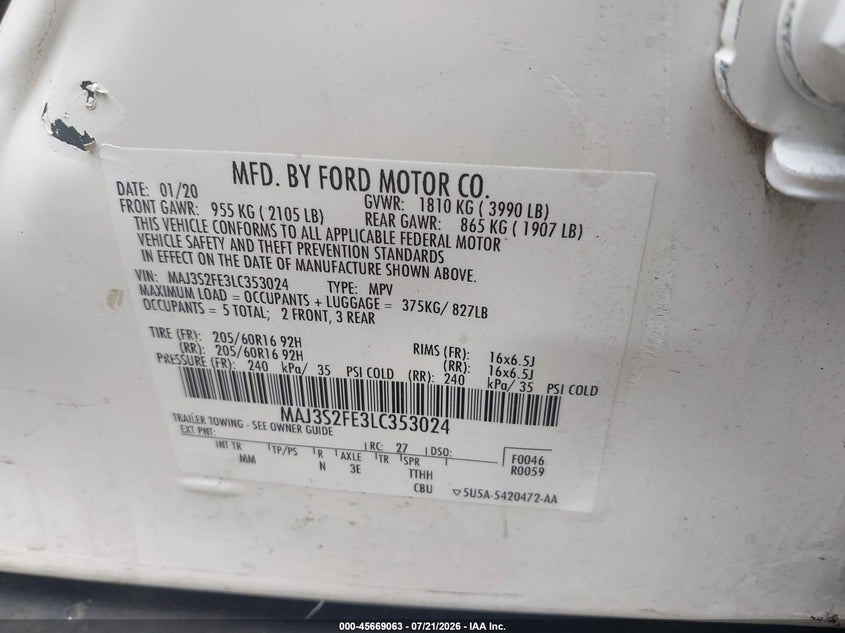 2020 Ford Ecosport S VIN: MAJ3S2FE3LC353024 Lot: 45669063