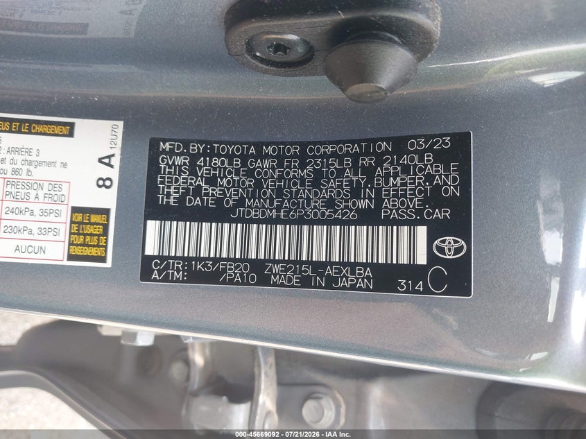 2023 Toyota Corolla Hybrid Le VIN: JTDBDMHE6P3005426 Lot: 45669092