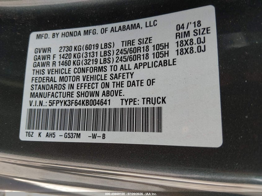 2019 Honda Ridgeline Rtl-T VIN: 5FPYK3F64KB004641 Lot: 45669108