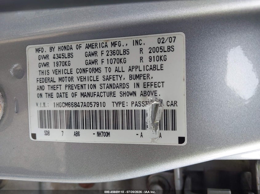 2007 Honda Accord 3.0 Ex VIN: 1HGCM66847A057910 Lot: 45669118