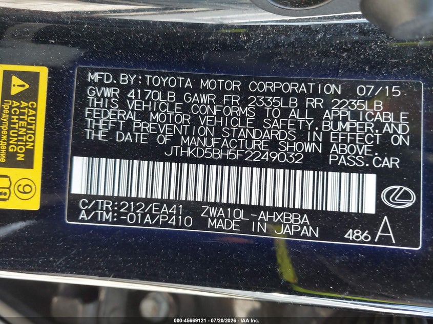 2015 Lexus Ct 200H VIN: JTHKD5BH5F2249032 Lot: 45669121