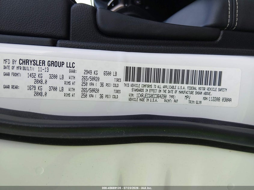 JEEP GRAND CHEROKEE 2014 VIN 1C4RJECG0EC364290