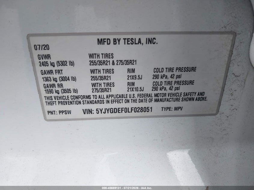 2020 Tesla Model Y Long Range Dual Motor All-Wheel Drive/Performance Dual Motor All-Wheel Drive VIN: 5YJYGDEF0LF028051 Lot: 45669131