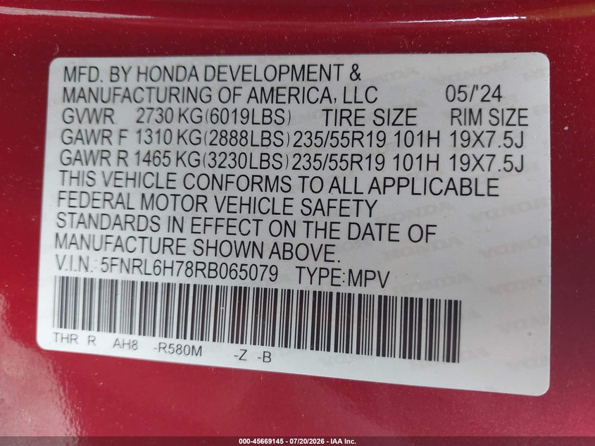 2024 Honda Odyssey Sport VIN: 5FNRL6H78RB065079 Lot: 45669145