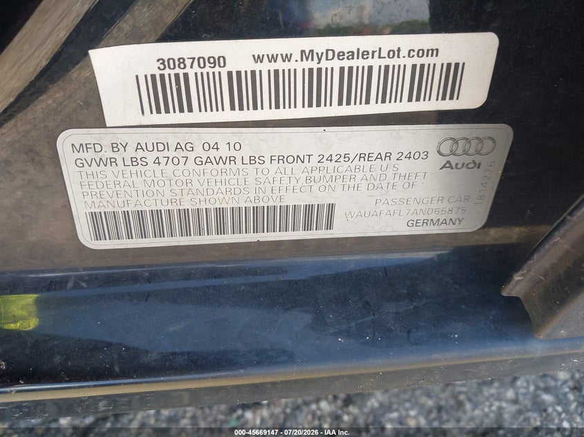 2010 Audi A4 2.0T Premium VIN: WAUAFAFL7AN065875 Lot: 45669147