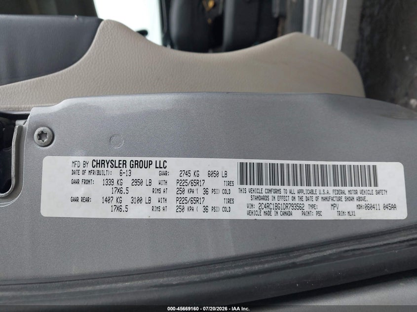 2013 Chrysler Town & Country Touring VIN: 2C4RC1BG1DR793562 Lot: 45669160