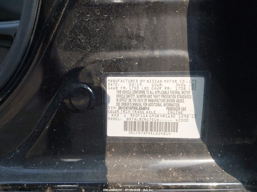2019 Nissan Versa 1.6 Sv VIN: 3N1CN7APXKL854814 Lot: 45669197