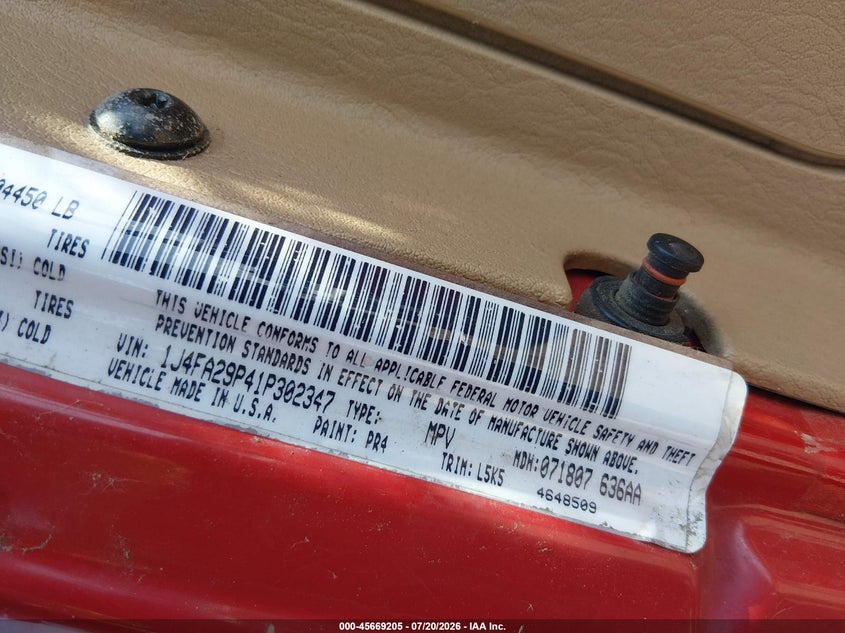 2001 Jeep Wrangler Se VIN: 1J4FA29P41P302347 Lot: 45669205