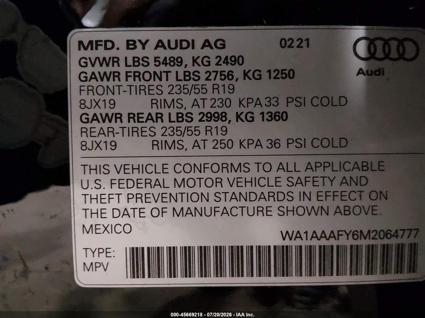 2021 Audi Q5 Premium 45 Tfsi Quattro S Tronic VIN: WA1AAAFY6M2064777 Lot: 45669218