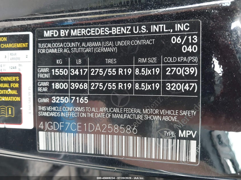 2013 Mercedes-Benz Gl 450 4Matic VIN: 4JGDF7CE1DA258586 Lot: 45669234