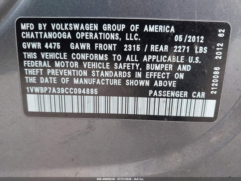 2012 Volkswagen Passat 2.5L Se VIN: 1VWBP7A39CC094885 Lot: 45669236